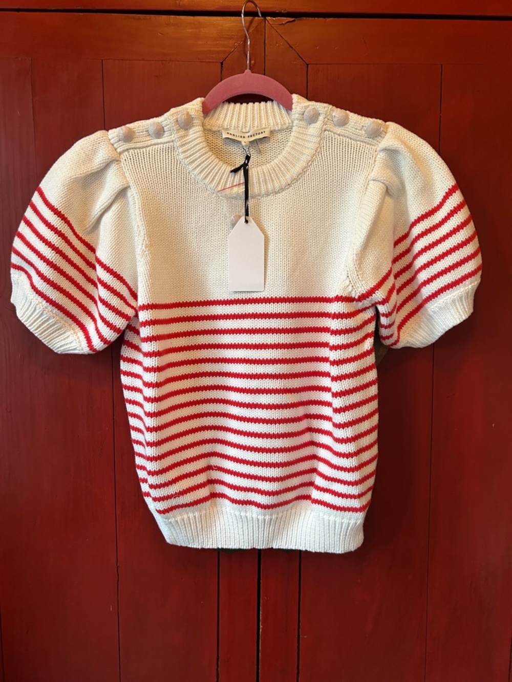 NWT English‎ Factory Striped Puff Sleeve Sweater Off White/Red, Size Large - Picture 3 of 5